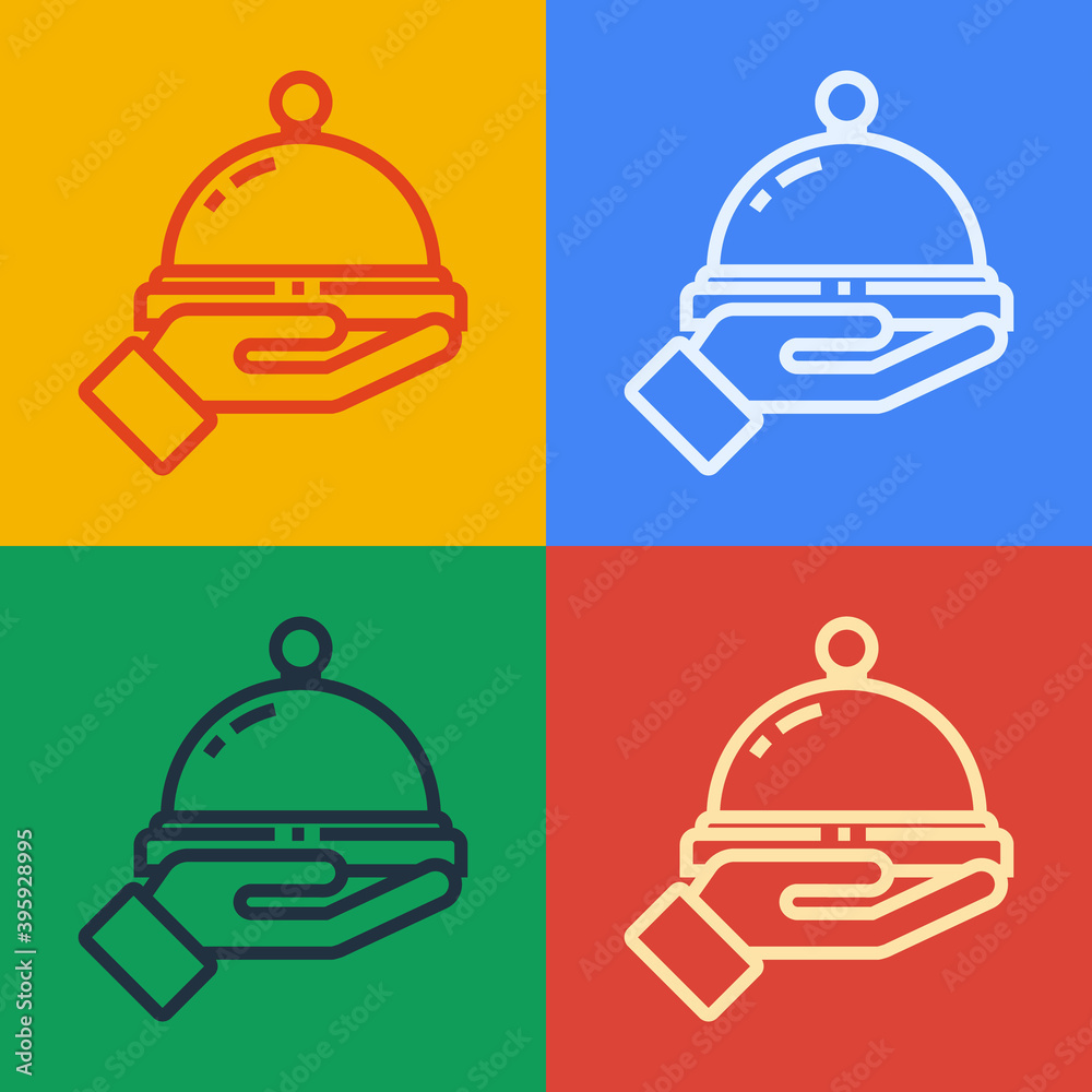 流行艺术线覆盖着一盘食物图标，在彩色背景上隔离。托盘和盖子标志。Resta
