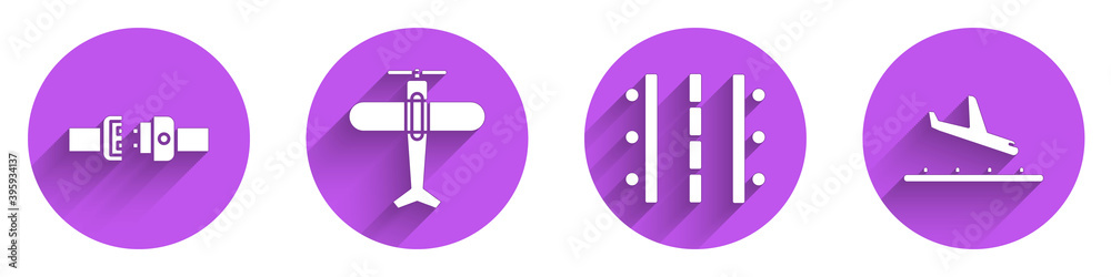 Set Safety belt, Plane, Airport runway and Plane landing icon with long shadow. Vector.