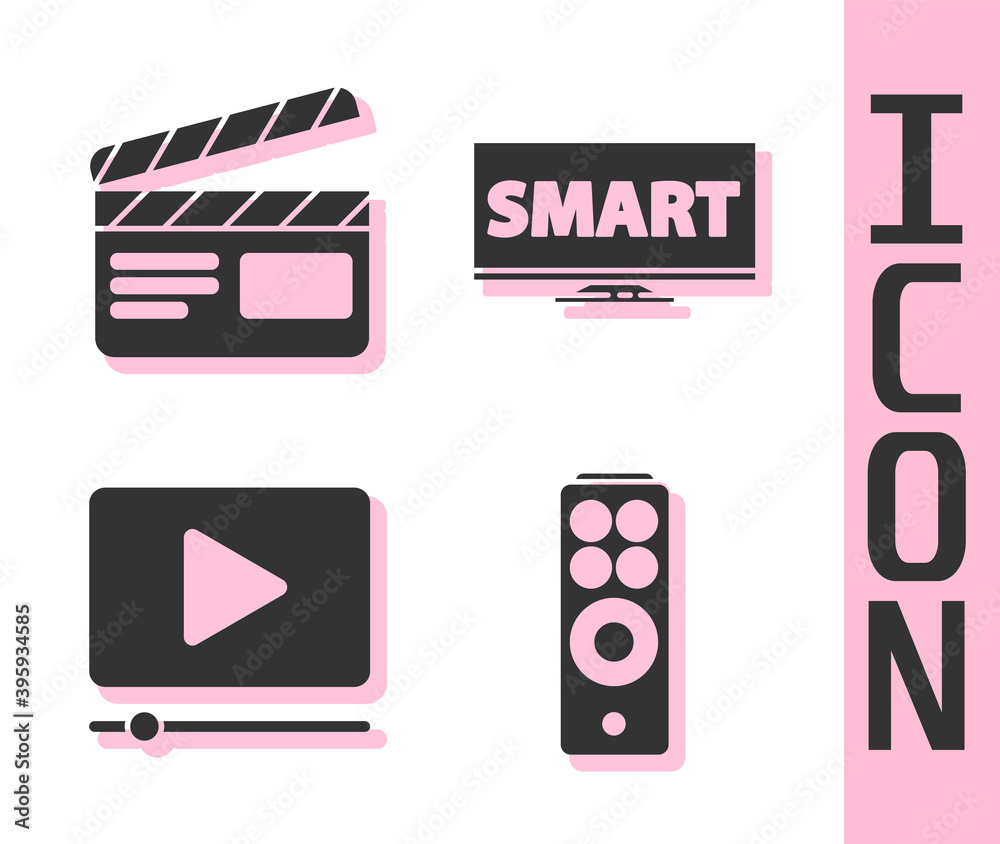 设置遥控器、电影拍板、在线播放视频和带智能视频图标的屏幕电视。矢量。