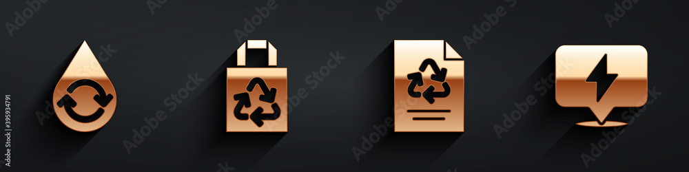 Set Recycle clean aqua, Paper bag with recycle, Paper with recycle and Lightning bolt icon with long