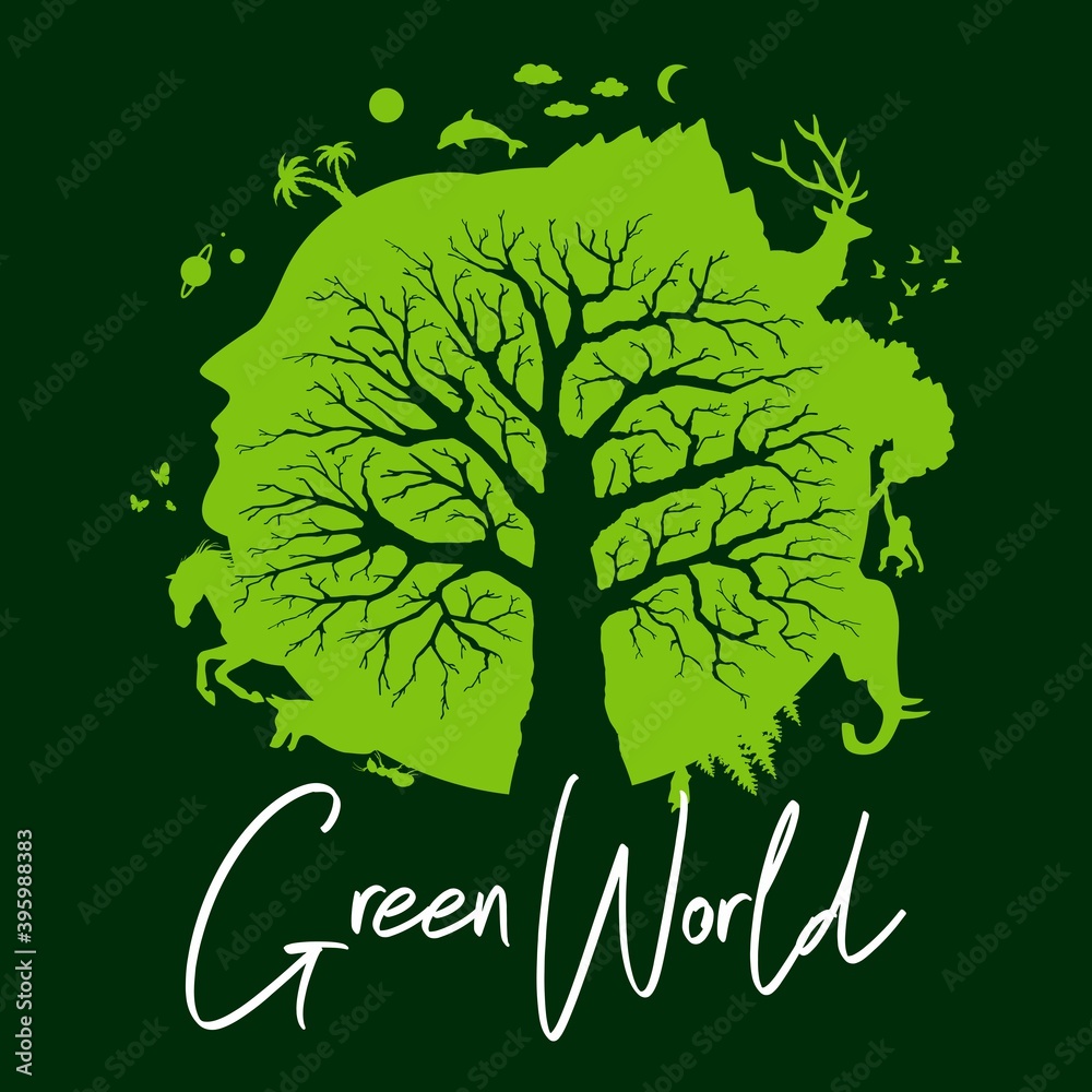 绿色世界矢量插图。带有植物和动物剪影的绿色星球地球树。