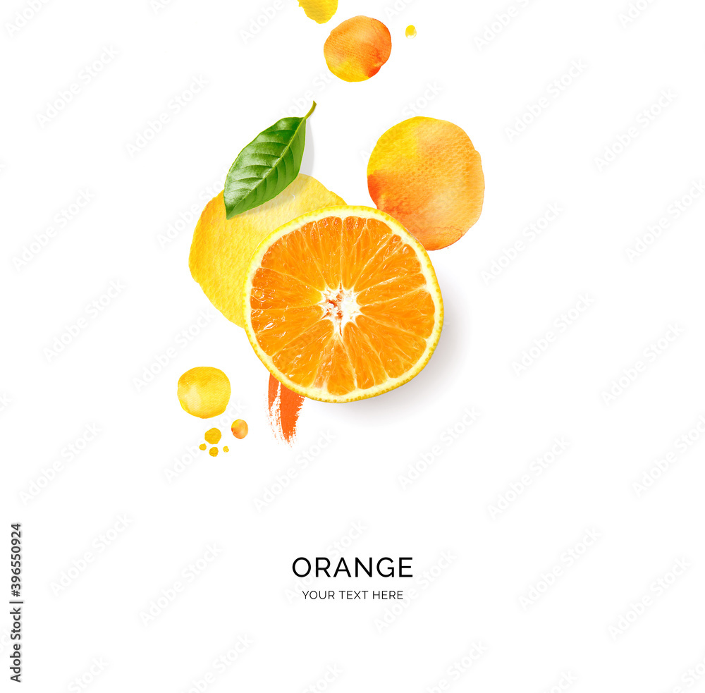 橙色创意布局，白色背景上有水彩斑点。平面布局。食物概念