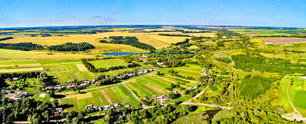 Aerial landscape of the Central Russian Upland. Pozdnyakovo village, Kursk region.