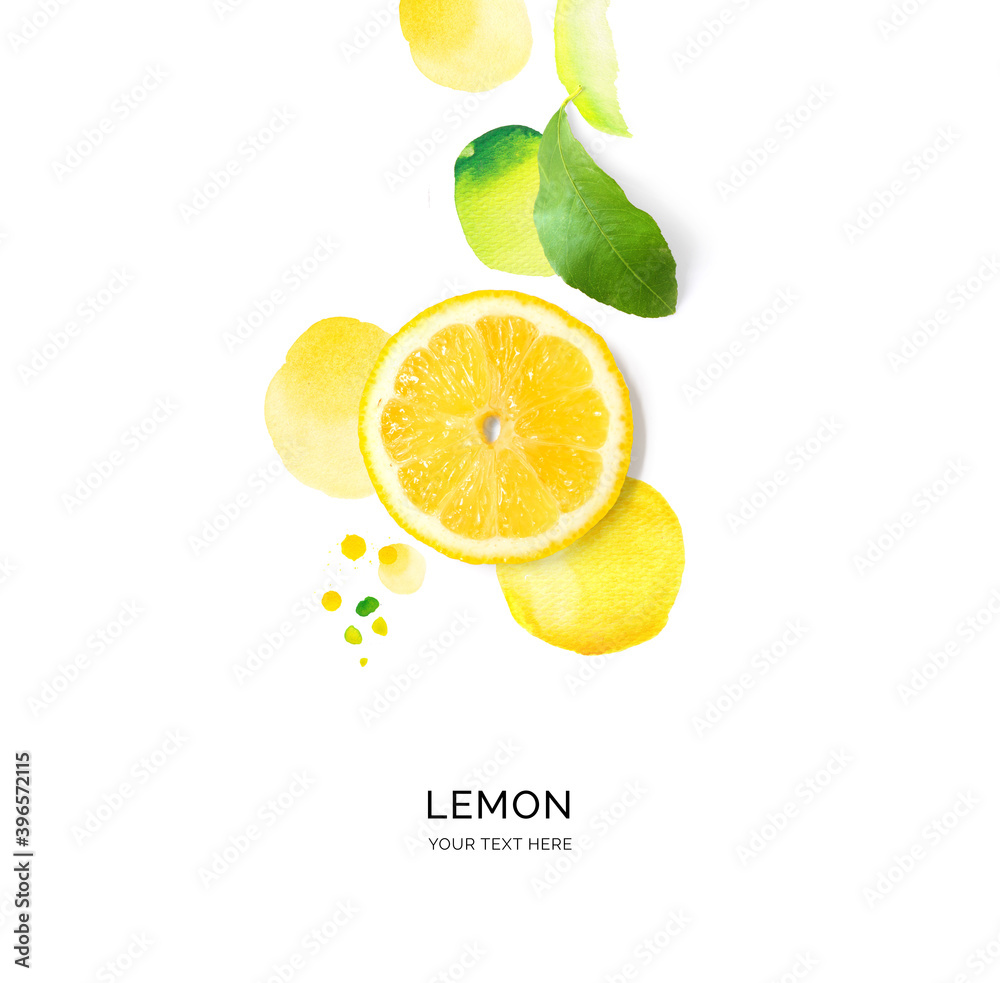 由柠檬制成的创意布局，白色背景上有水彩斑点。平面布置。食物概念。