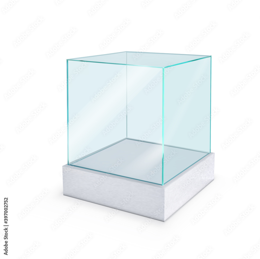 基座上的空玻璃展示立方体。矢量插图