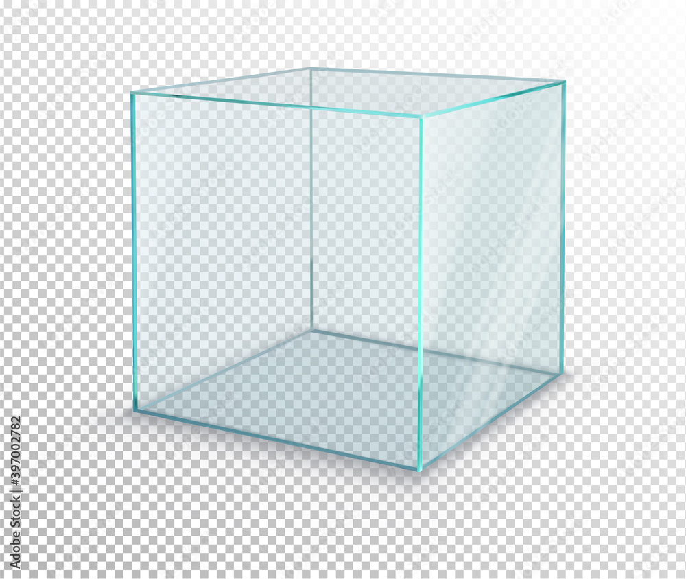 透明背景上的空玻璃展示立方体。矢量插图