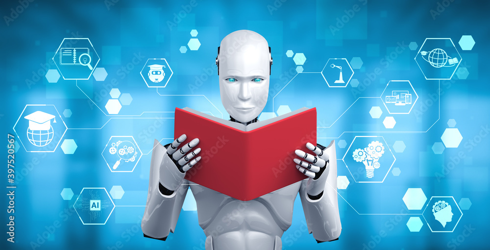 未来人工智能概念中机器人类人读物的3D插图和第四本
