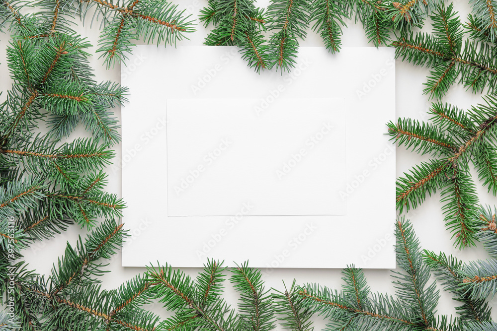 白色背景上有空白卡片的圣诞树分支