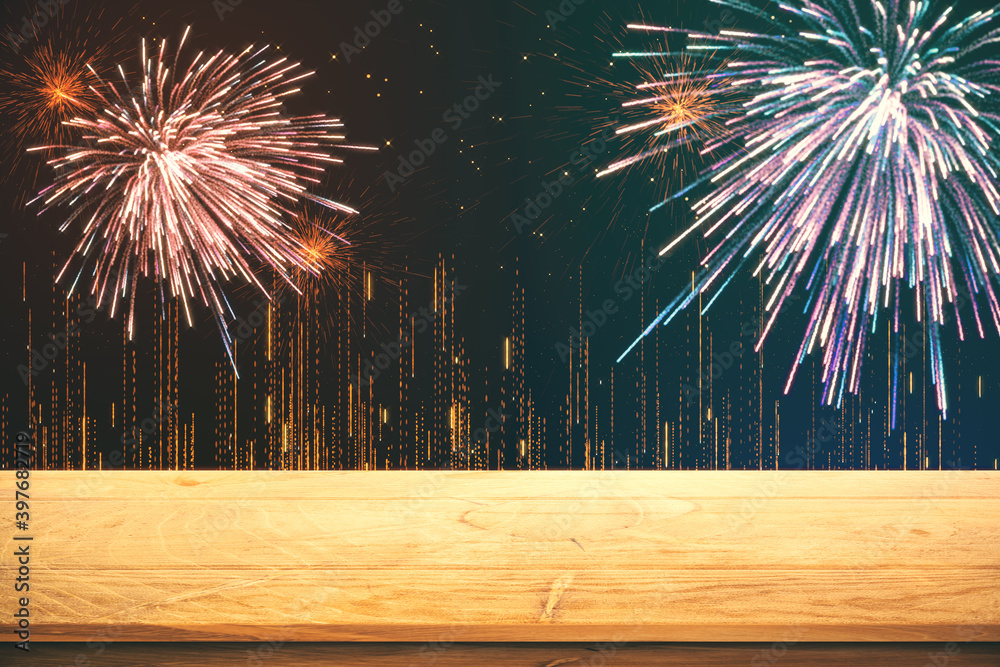 Creative background with empty wooden surface and fireworks.