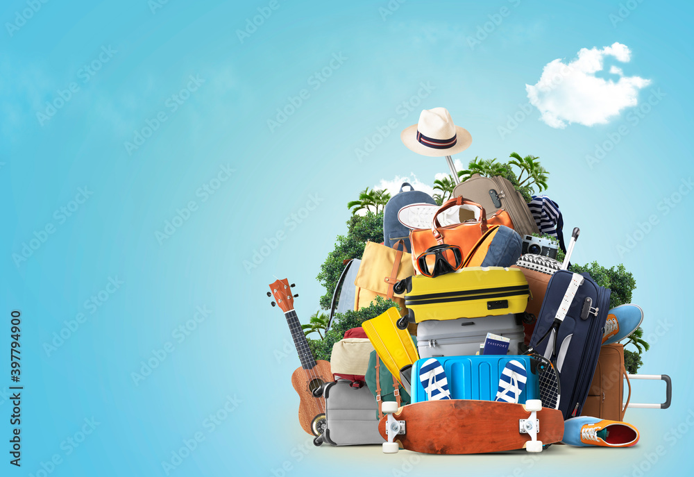 Vacation and travel concept with a suitcases and other accessories. Time to travel
