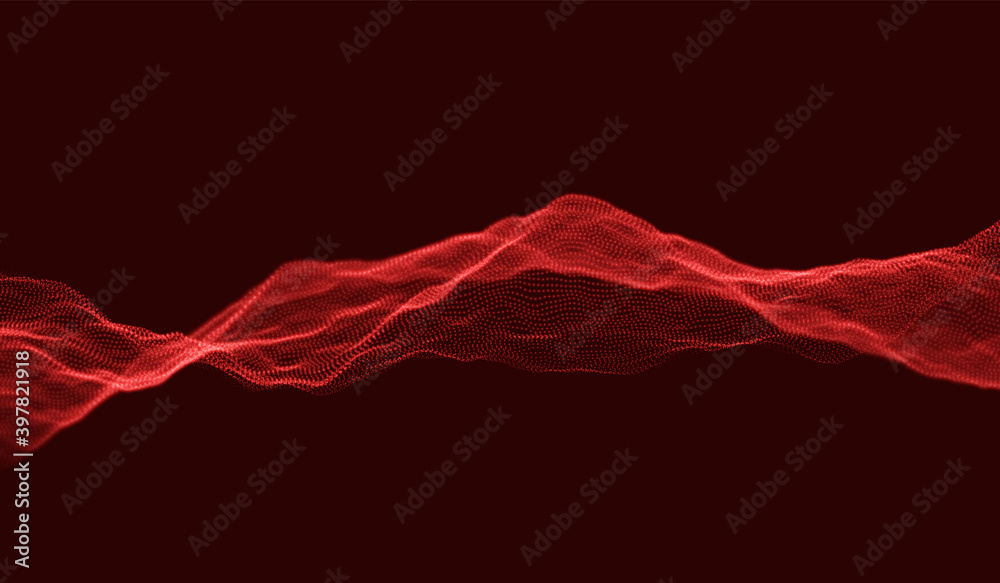 红色粒子波背景。抽象动态网格。大数据技术。矢量网格插图。