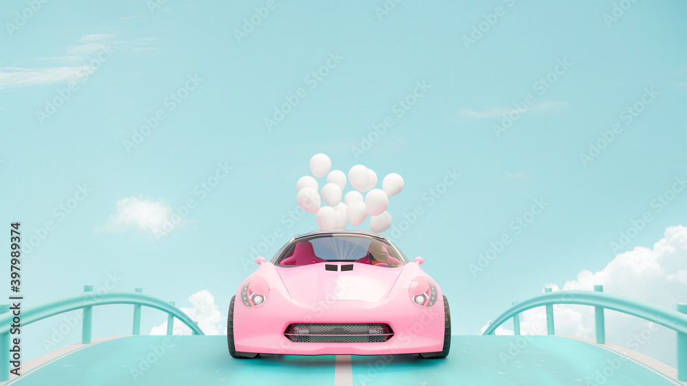 粉红色的汽车和白色的气球。在蓝绿色的桥上行驶，天空晴朗。3D渲染。