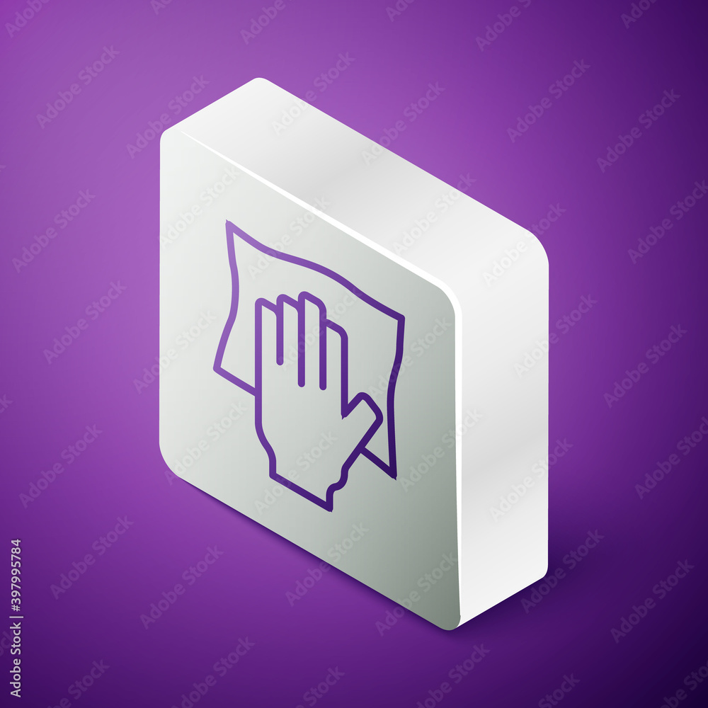 Isometric line Cleaning service icon isolated on purple background. Latex hand protection sign. Hous