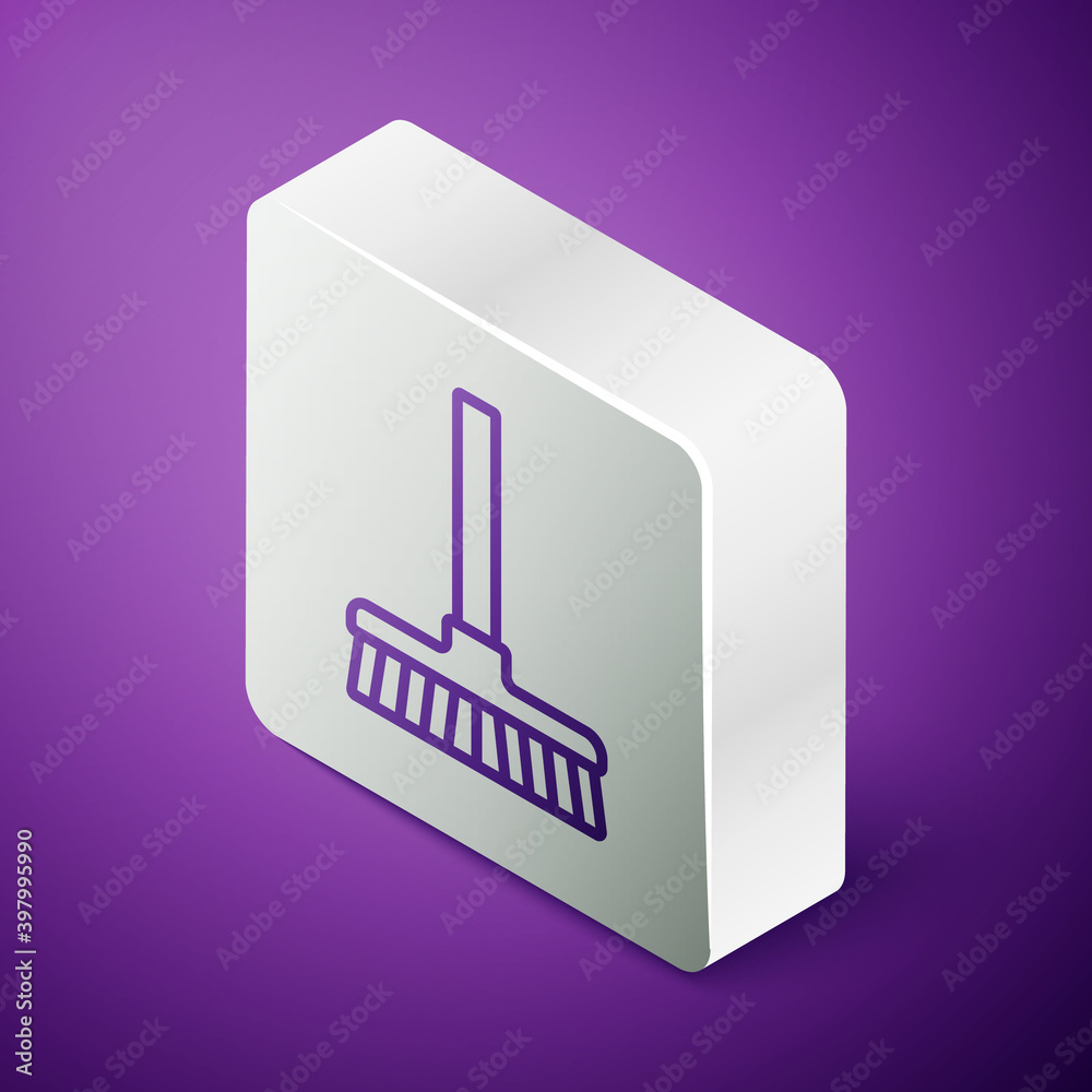 等距线手柄扫帚图标隔离在紫色背景上。清洁服务概念。银色平方米