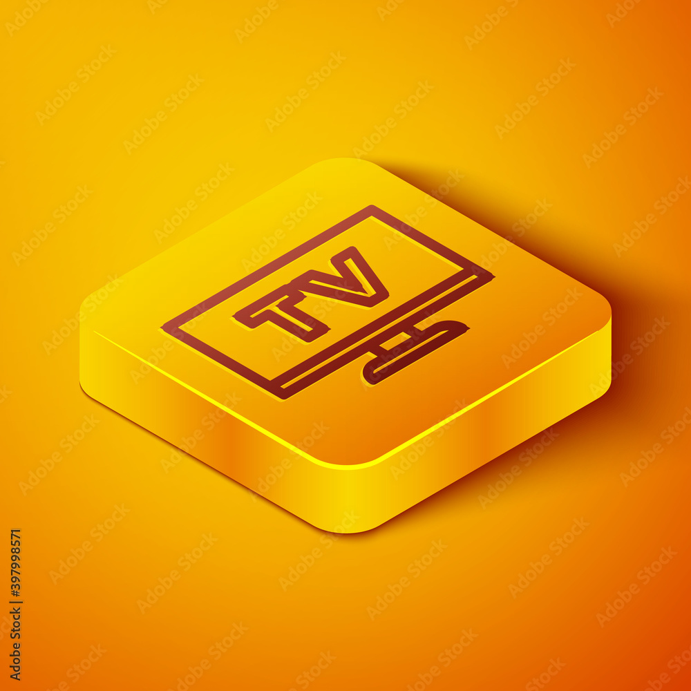 等距线智能电视图标隔离在橙色背景上。电视标志。黄色方形按钮。V