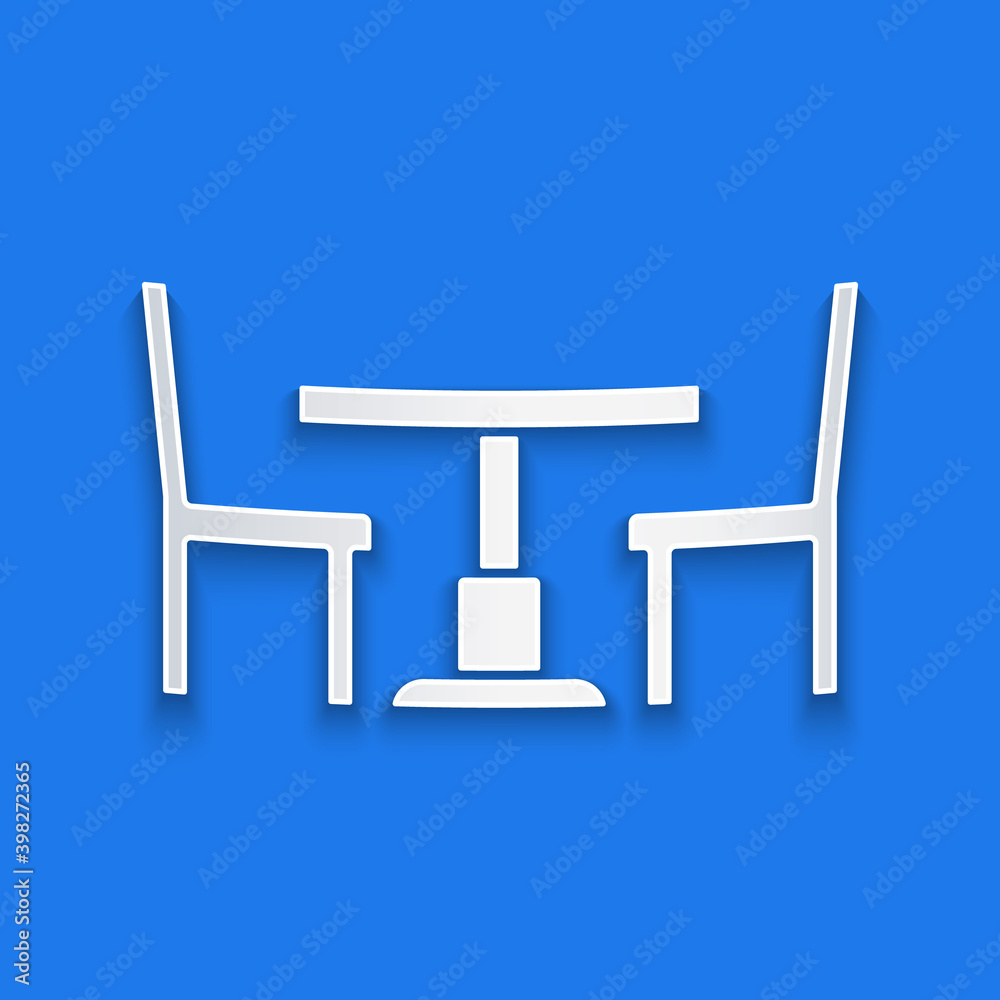 蓝色背景上有椅子图标的剪纸木桌。纸艺风格。矢量。