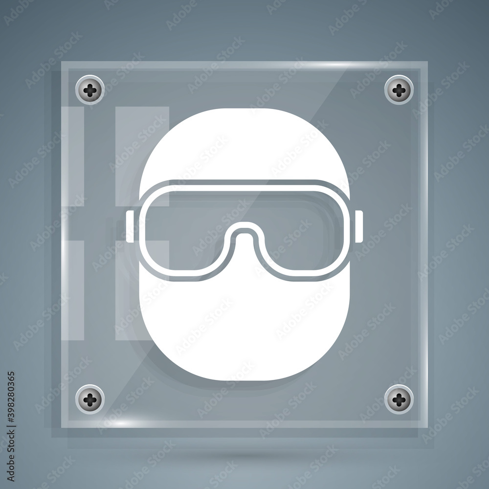 灰色背景上隔离的白色滑雪护目镜图标。极限运动。运动装备。方形玻璃盘