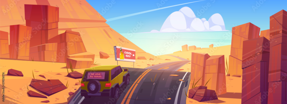 汽车在沙漠或峡谷中行驶，吉普车在沥青公路上行驶，带有广告牌和