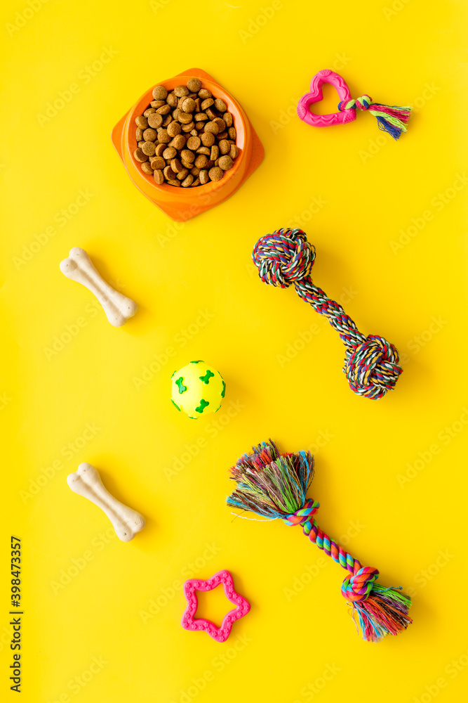 猫狗宠物玩具。橡胶球、干粮和配件，俯视图