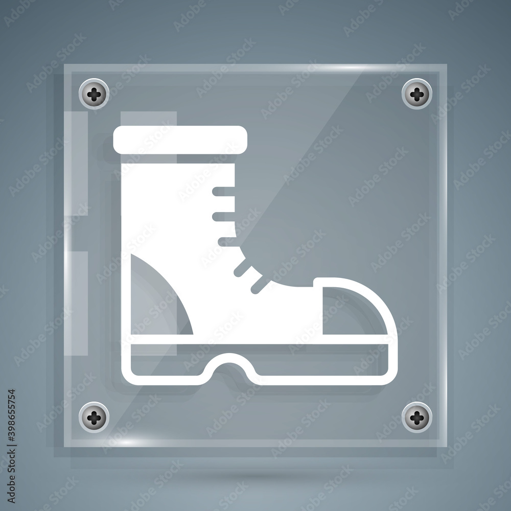 White Hunter boots icon isolated on grey background. Square glass panels. Vector.