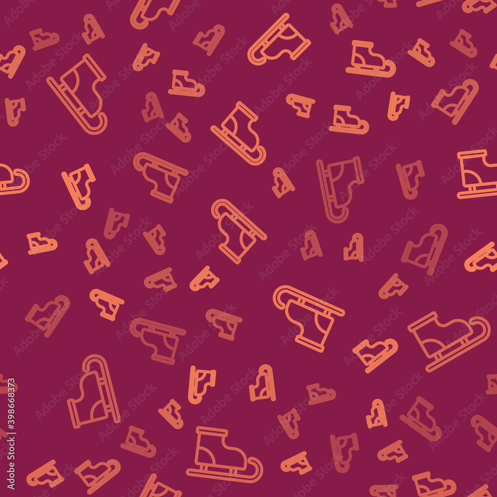 Brown line Figure skates icon isolated seamless pattern on red background. Ice skate shoes icon. Spo