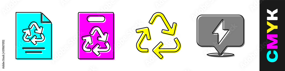 设置带回收的纸张，带回收的纸袋，回收符号和闪电图标。矢量
