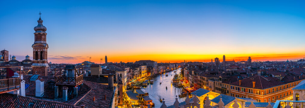 Sunset rooftop panorama of Grand Canal in Venice. Italy 