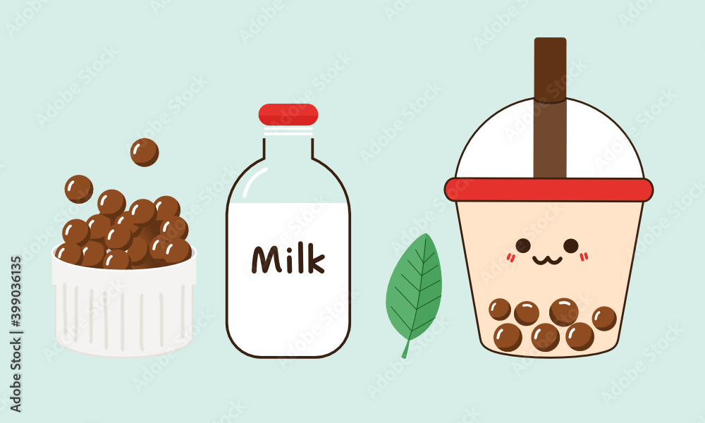 气泡奶茶套装，配奶瓶、碗里的木薯淀粉、绿茶叶和气泡奶茶杯图标i