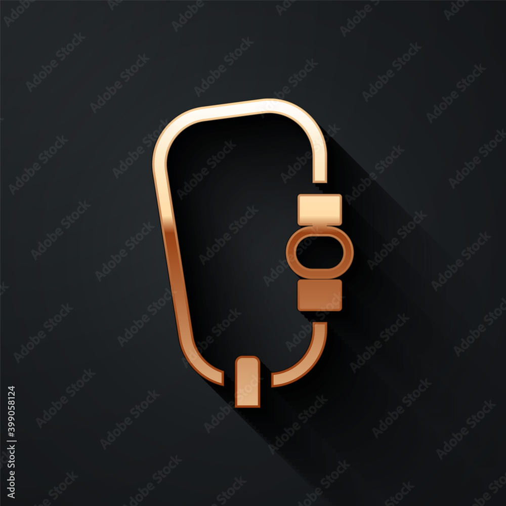Gold Carabiner icon isolated on black background. Extreme sport. Sport equipment. Long shadow style.