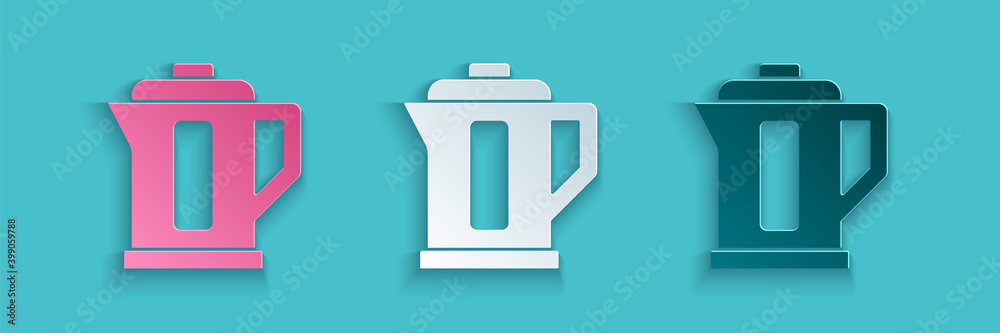 Paper cut Electric kettle icon isolated on blue background. Teapot icon. Paper art style. Vector.