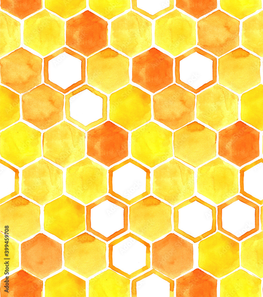 watercolor seamless pattern. yellow honeycomb. bright print of yellow, orange, honeycomb. abstract b