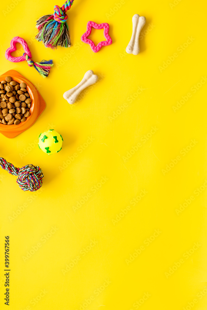 猫狗宠物玩具。橡胶球、干粮和配件，俯视图