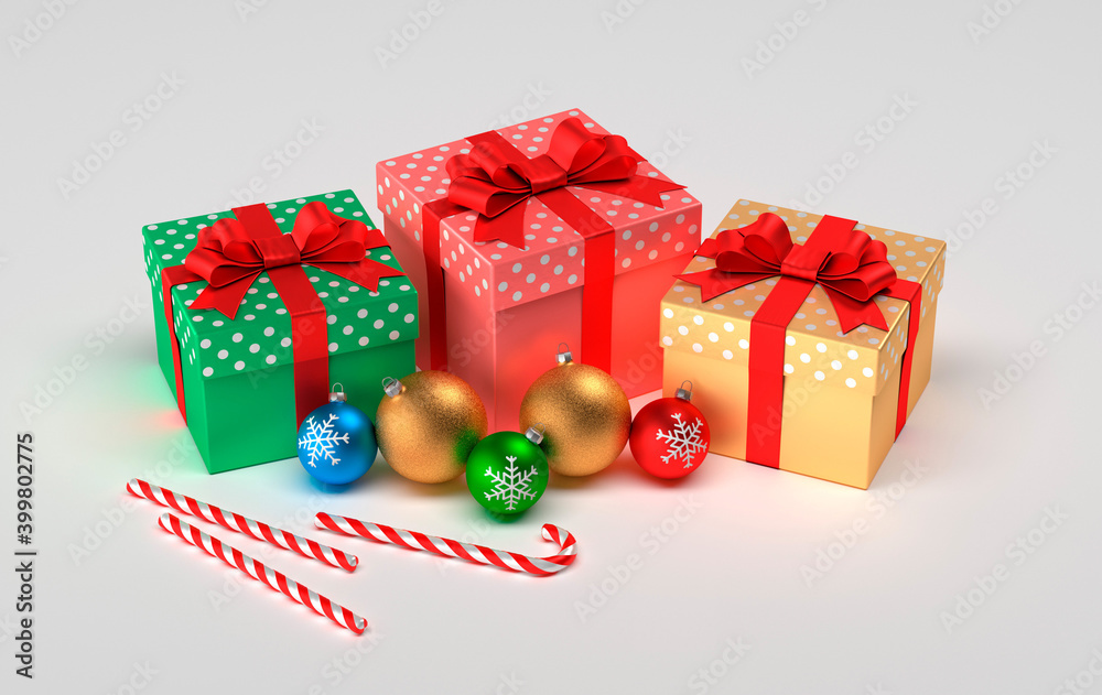 Christmas presents isolated on a white background. Christmas balls, gifts and christmas caramel. 3D 