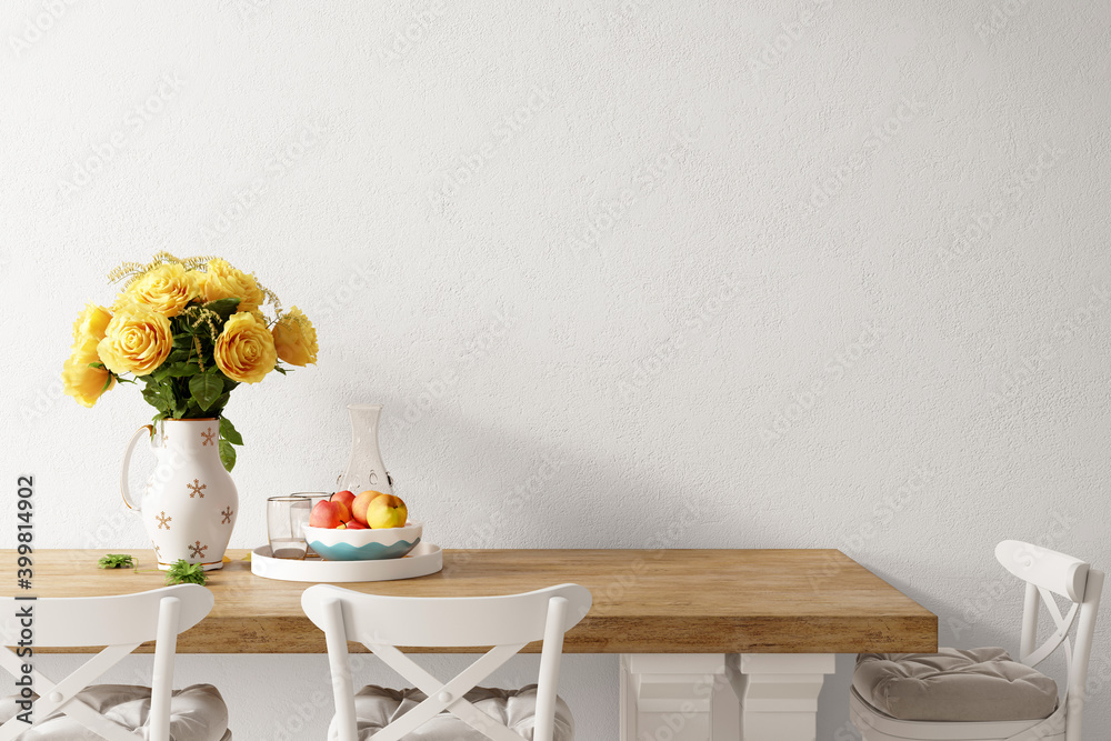 墙壁模型。斯堪的纳维亚室内风格。带有黄色玫瑰的装饰花瓶。三维渲染，三维照明