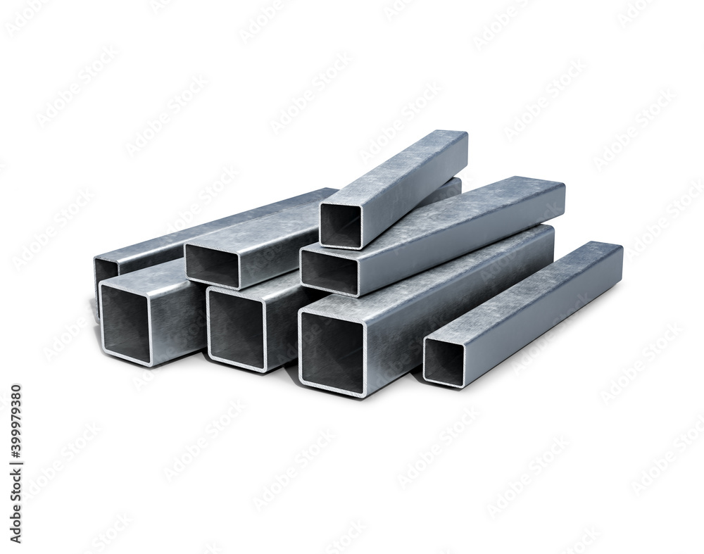 Metal square tube profile in different scales, 3d illustration