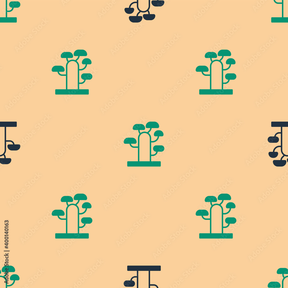 米色背景上的绿色和黑色非洲树图标隔离无缝图案。猴面包树、阿拉伯树胶和