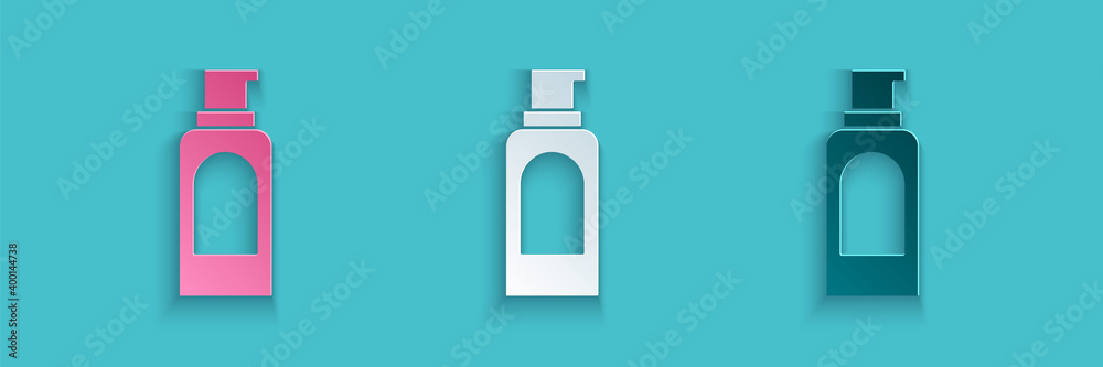 用于发胶、除臭剂、止汗剂的剪纸喷雾罐，蓝色背景上隔离图标。纸