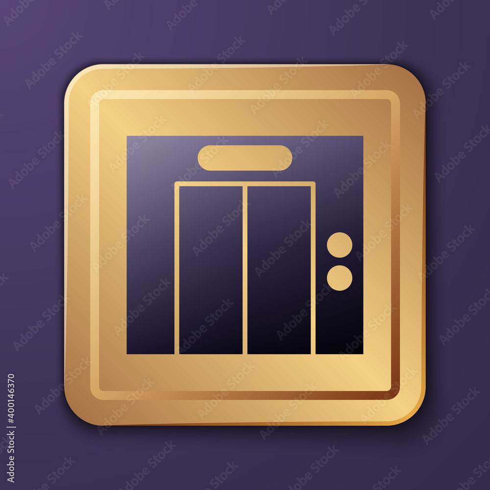 Purple Lift icon isolated on purple background. Elevator symbol. Gold square button. Vector.