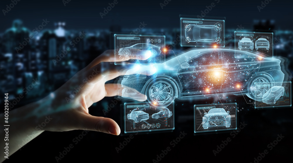 人牵手触摸全息智能汽车界面投影3D渲染