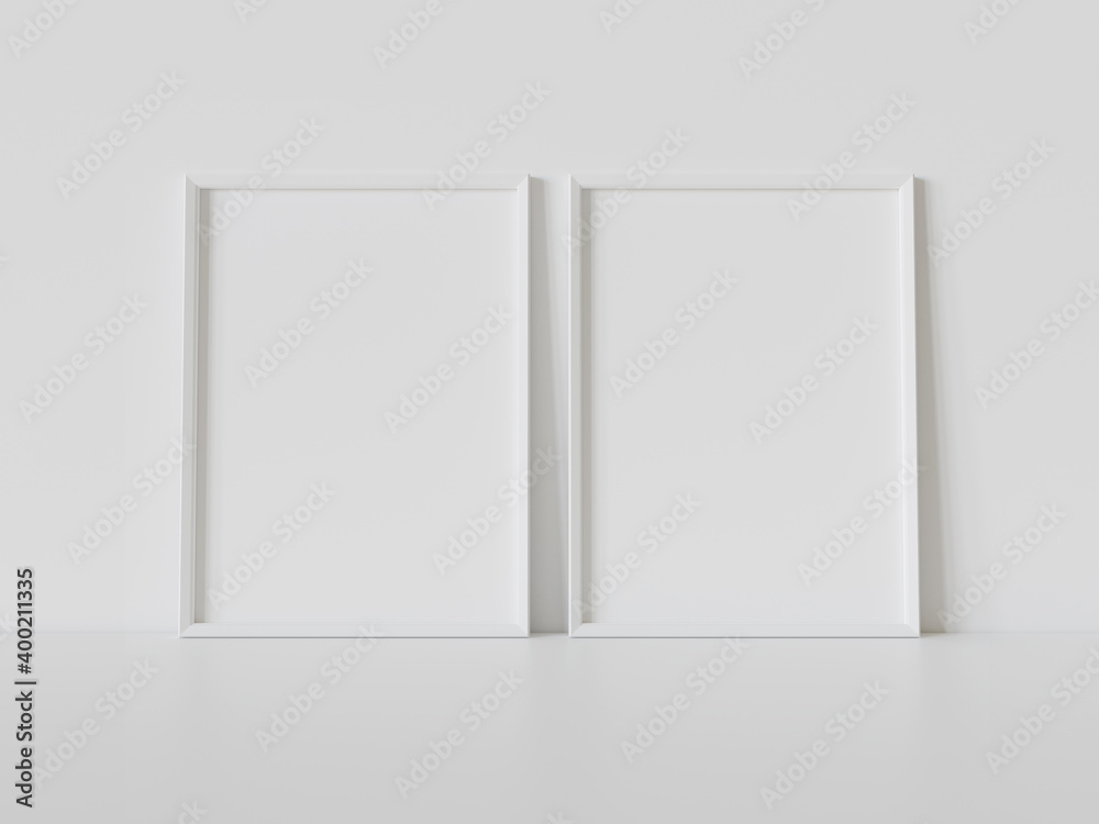 Two white frames leaning on white floor in interior mockup. Template of pictures framed on a wall 3D