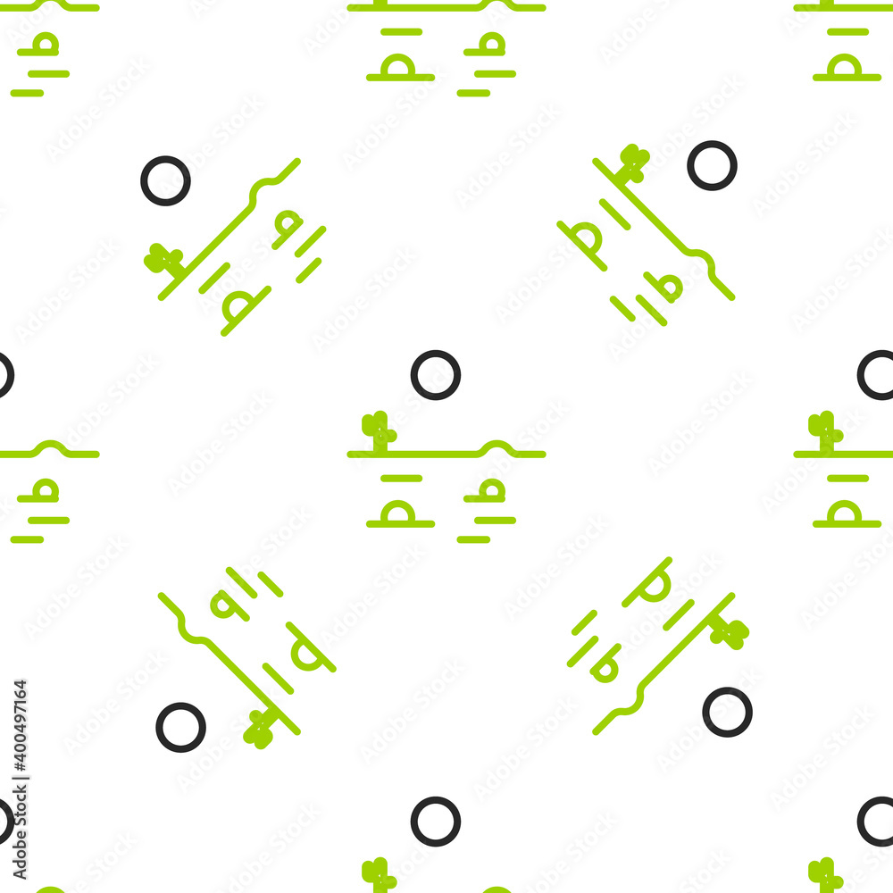 Line Desert landscape with cactus icon isolated seamless pattern on white background.  Vector Illust