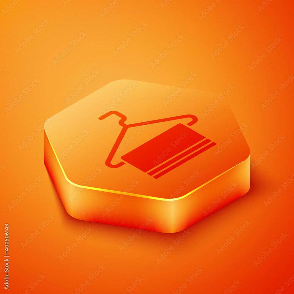 Isometric Towel on hanger icon isolated on orange background. Bathroom towel icon. Orange hexagon bu