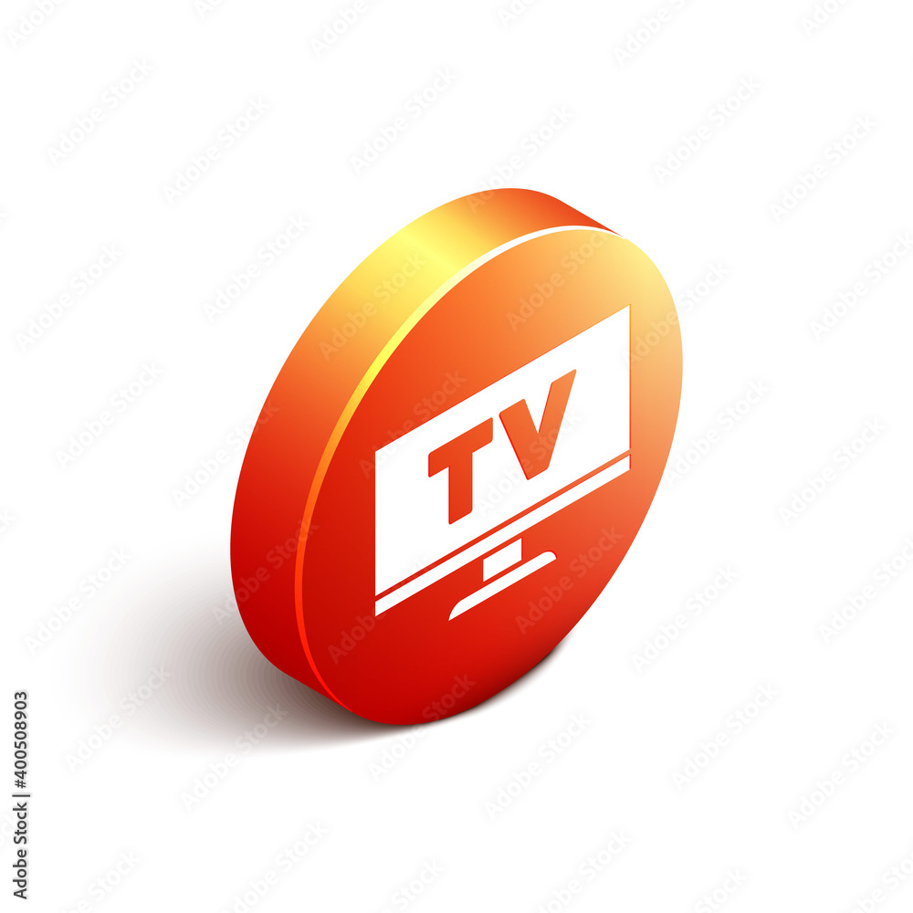 白色背景上隔离的等距智能电视图标。电视标志。橙色圆圈按钮。矢量。