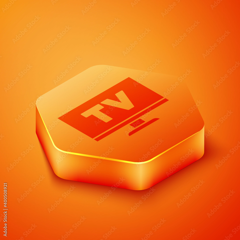 隔离在橙色背景上的等距智能电视图标。电视标志。橙色六边形按钮。Vecto