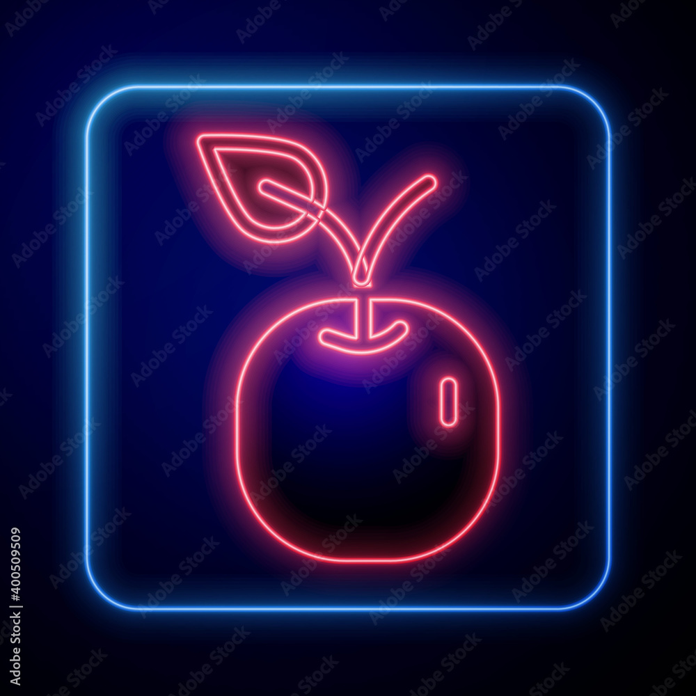 蓝色背景上的霓虹灯苹果图标。带叶子符号的水果。矢量。
