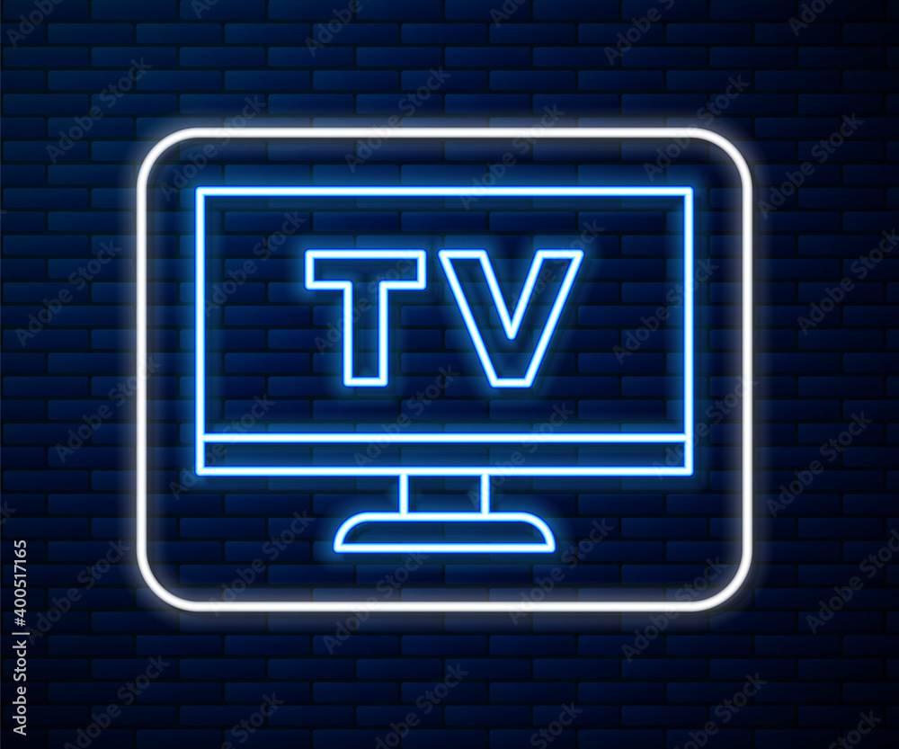 发光的霓虹灯线智能电视图标，隔离在砖墙背景上。电视标志。矢量。