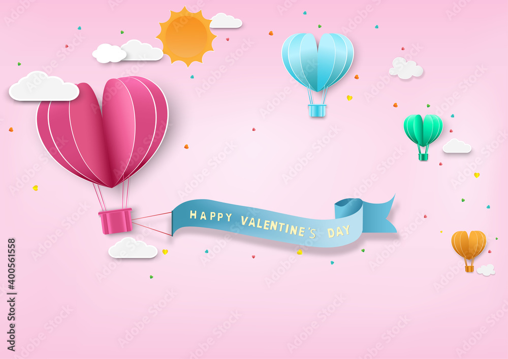 纸艺术的爱和折纸制作的气球心形飞行情人节标签。它们是