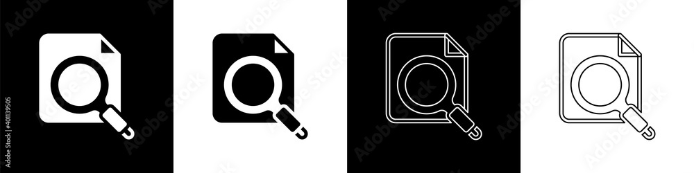 Set Search concept with folder icon isolated on black and white background. Magnifying glass and doc