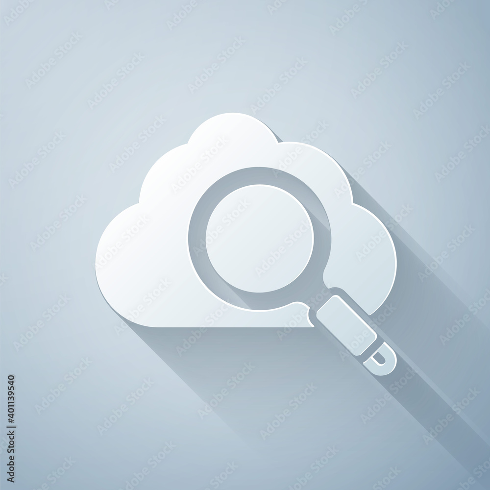 Paper cut Search cloud computing icon isolated on grey background. Magnifying glass and cloud. Paper