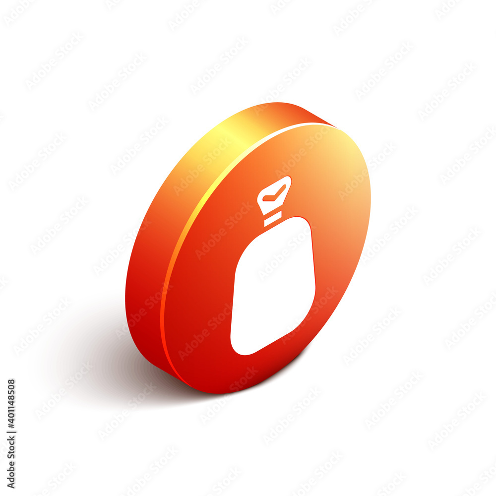 Isometric Full sack icon isolated on white background. Orange circle button. Vector.